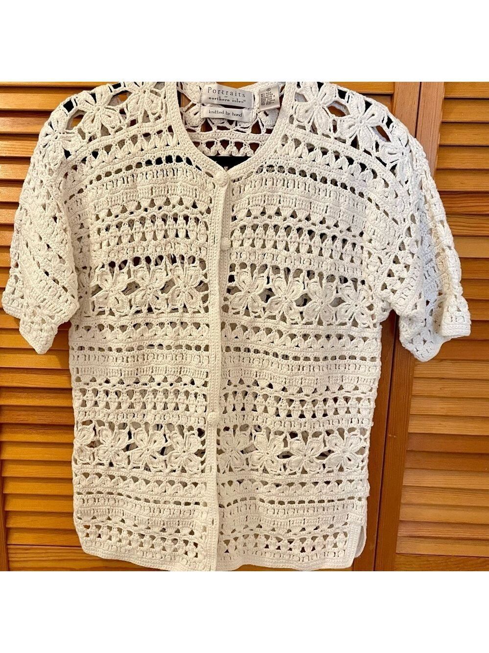 Portraits by Northern Isles Hand Knitted Sweater, Size M, White, Short Sleeves